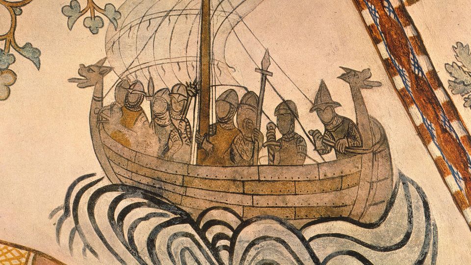 Mittelalterliches Fresko: ein Wikingerschiff von König Harald dem Harten