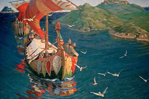 Malerei von einem Wikinger-Schiff auf hoher See