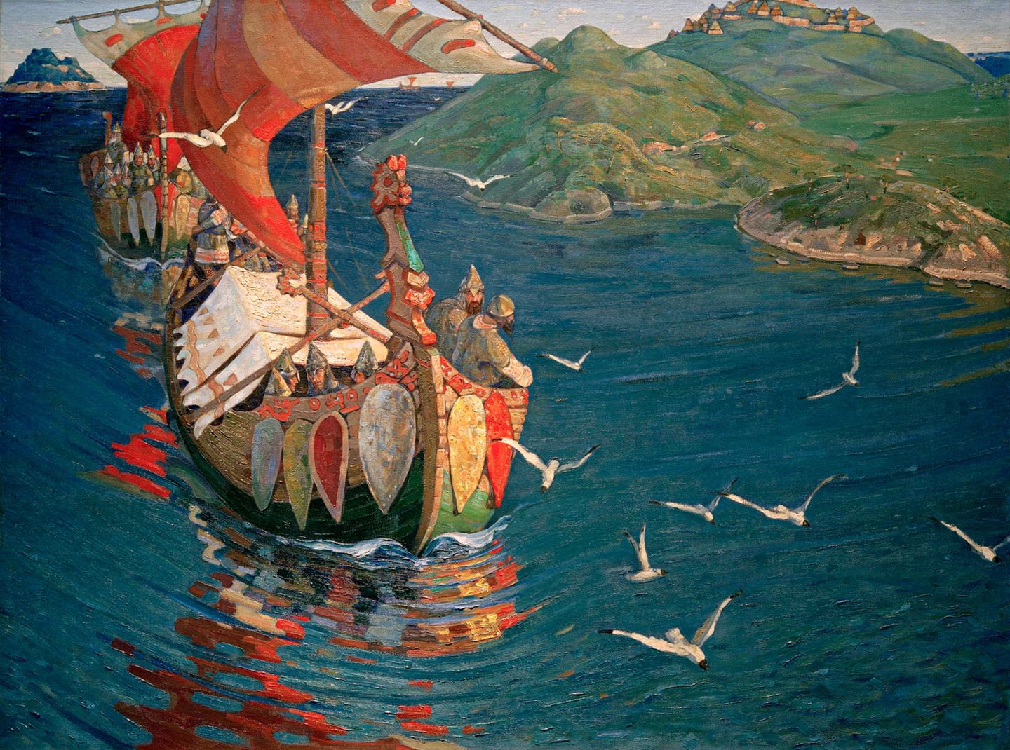 Malerei von einem Wikinger-Schiff auf hoher See