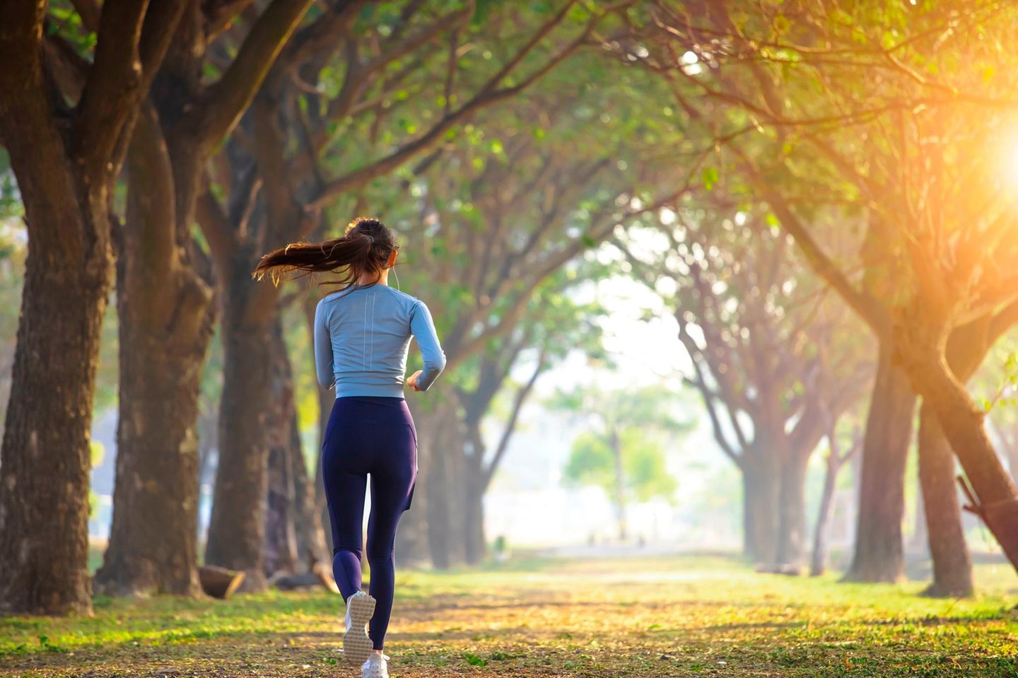 Frau joggt eine Allee entlang