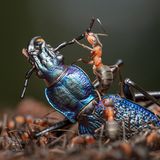 Wie Abrissarbeiter nehmen diese Kahlrückigen Waldameisen ihre Beute auseinander: Stück für Stück schleppen sie den Dunkelblauen Laufkäfer zu ihrem nahe gelegenen Nest in einem Wald in Hessen.