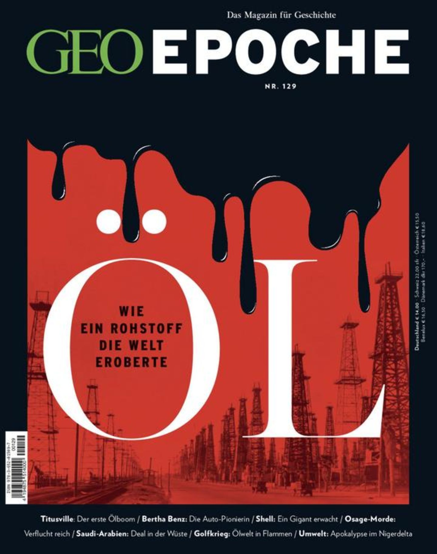 Historische Bilder: In der zweiten Hälfte des 19. Jahrhunderts lassen Pioniere aus tief liegenden Gesteinsschichten ein urzeitliches Stoffgemisch sprudeln, nach dem die Welt bald süchtig sein wird: Erdöl. In eine Vielzahl von Produkten verwandelbar und scheinbar unbegrenzt verfügbar, brennt es zunächst in Lampen, treibt dann Züge, Kriegsschiffe, Autos, Flugzeuge an, bis es schließlich in Form von Kunststoffen und Medikamenten in jeden Winkel der Erde vordringt. Die GEO EPOCHE Ausgabe Nr. 129 erzählt von jener Ära, in der das Öl zum Lebenselixier der Moderne wurde – und zu ihrem Fluch. In der zweiten Hälfte des 19. Jahrhunderts lassen Pioniere aus tief liegenden Gesteinsschichten ein urzeitliches Stoffgemisch sprudeln, nach dem die Welt bald süchtig sein wird: Erdöl. In eine Vielzahl von Produkten verwandelbar und scheinbar unbegrenzt verfügbar, brennt es zunächst in Lampen, treibt dann Züge, Kriegsschiffe, Autos, Flugzeuge an, bis es schließlich in Form von Kunststoffen und Medikamenten in jeden Winkel der Erde vordringt. Die GEO EPOCHE Ausgabe Nr. 129 erzählt von jener Ära, in der das Öl zum Lebenselixier der Moderne wurde – und zu ihrem Fluch.