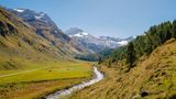 Talboden mit Bach und Weiden, dahinter Berge mit Schnee