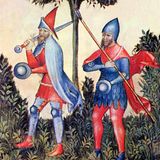 Zwei Soldaten tragen Schwert und Speer