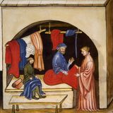 Frau kauft Kleid bei einem Seidenhändler