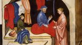 Frau kauft Kleid bei einem Seidenhändler