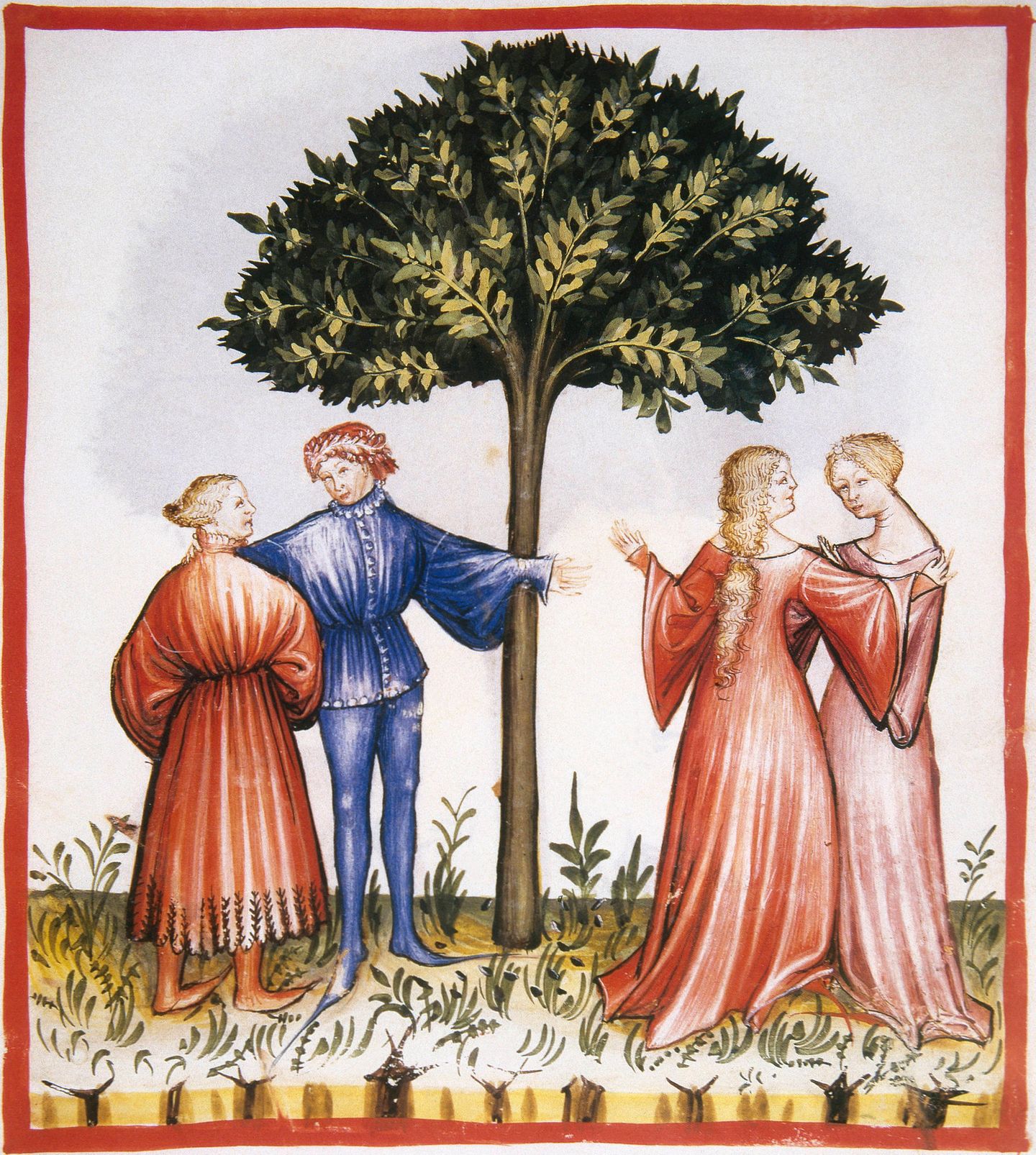 Damenmode: Streit ums Dekolleté Personengruppe unterhält sich unter einem Baum