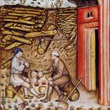 Holzfäller sitzen auf Baumstamm und essen