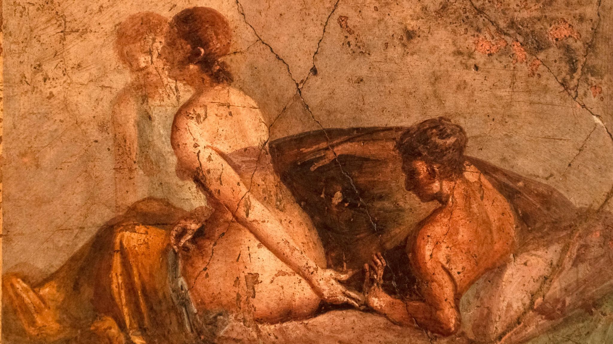Sex, der große Motivator der Menschheitsgeschichte: Erotisches Fresko aus dem Haus des römischen Bankiers Lucius Caecilius Iucundus in Pompeji, vom Vesuv 79 n. Chr. für die Nachwelt konserviert