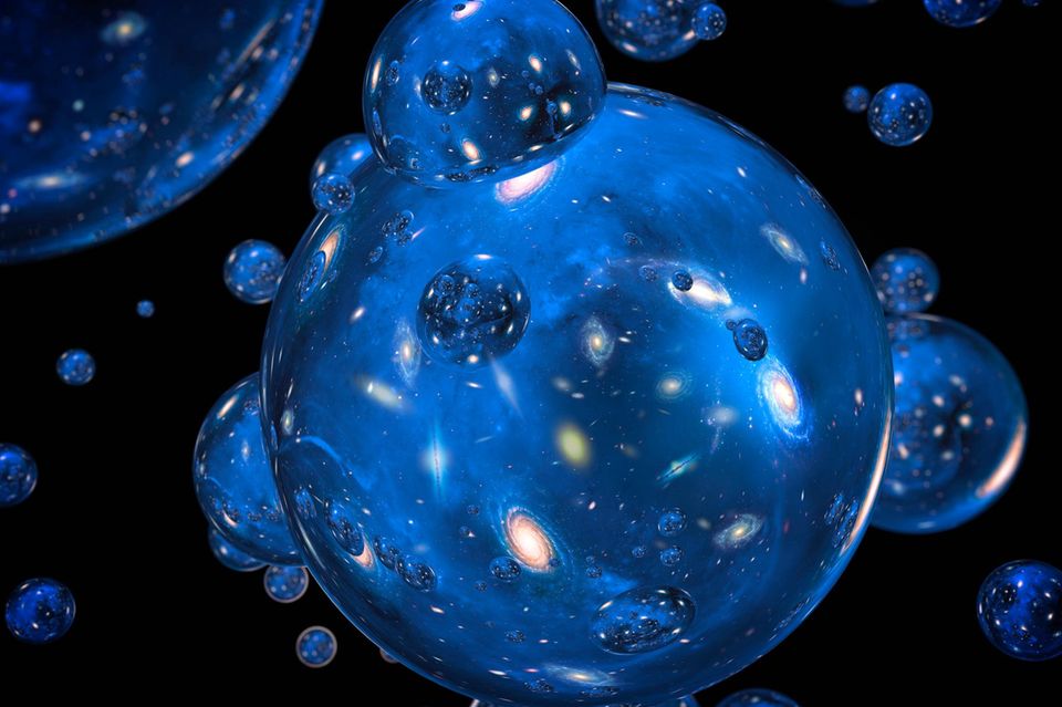 Der Theorie der ewigen Inflation zufolge ereignen sich unendlich viele Urknalle und bringen jeweils ein Universum hervor. Diese Welten können identisch mit unserem Kosmos sein, aber auch andersartig – mit einer anderen Form, mit anderen Naturgesetzen, gänzlich öde oder voller Leben 1.3333