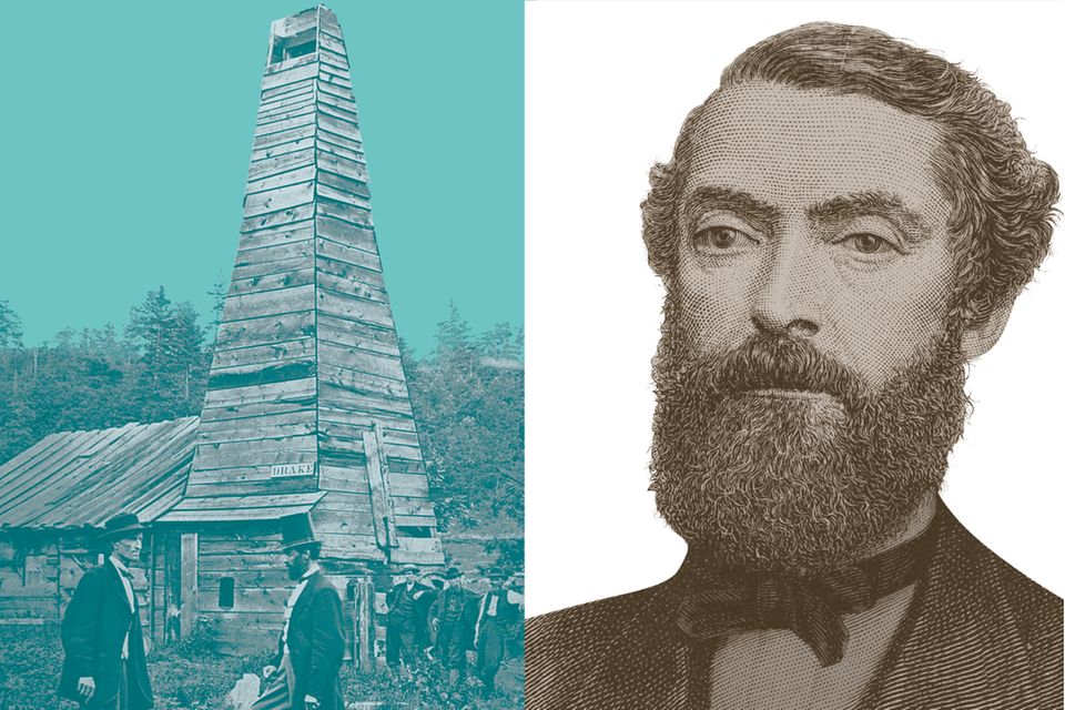 Collage zeigt Edwin L. Drake und erste Apparatur zum Ölbohren 1.4989