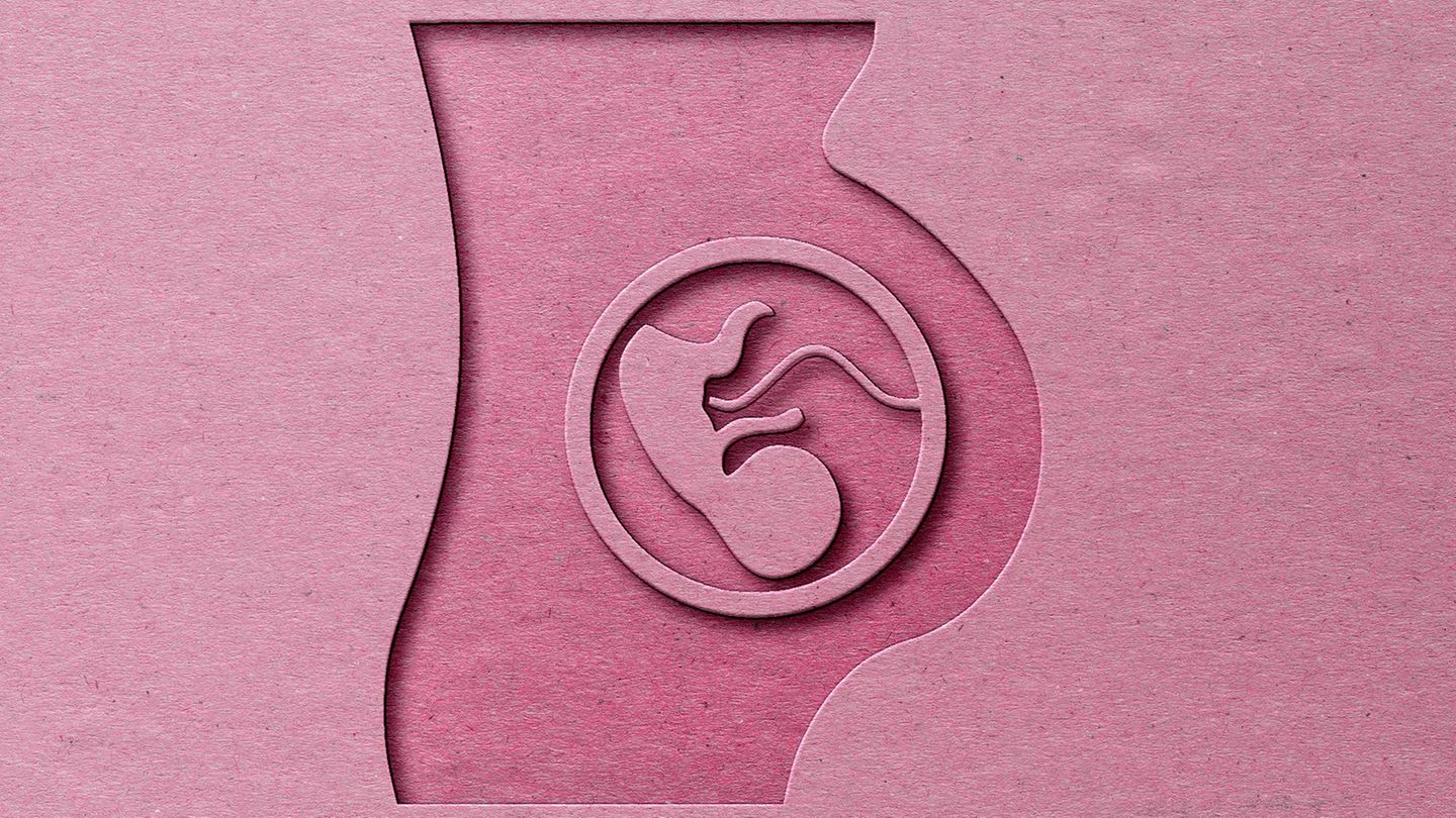 Ein illustrierter Schwangerschaftsbauch in Pink mit einem abstrakten Fötus darin.