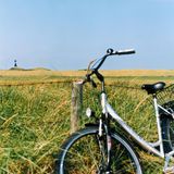 Fahrrad lehnt am Zaun eines Feldes