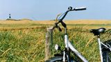 Fahrrad lehnt am Zaun eines Feldes