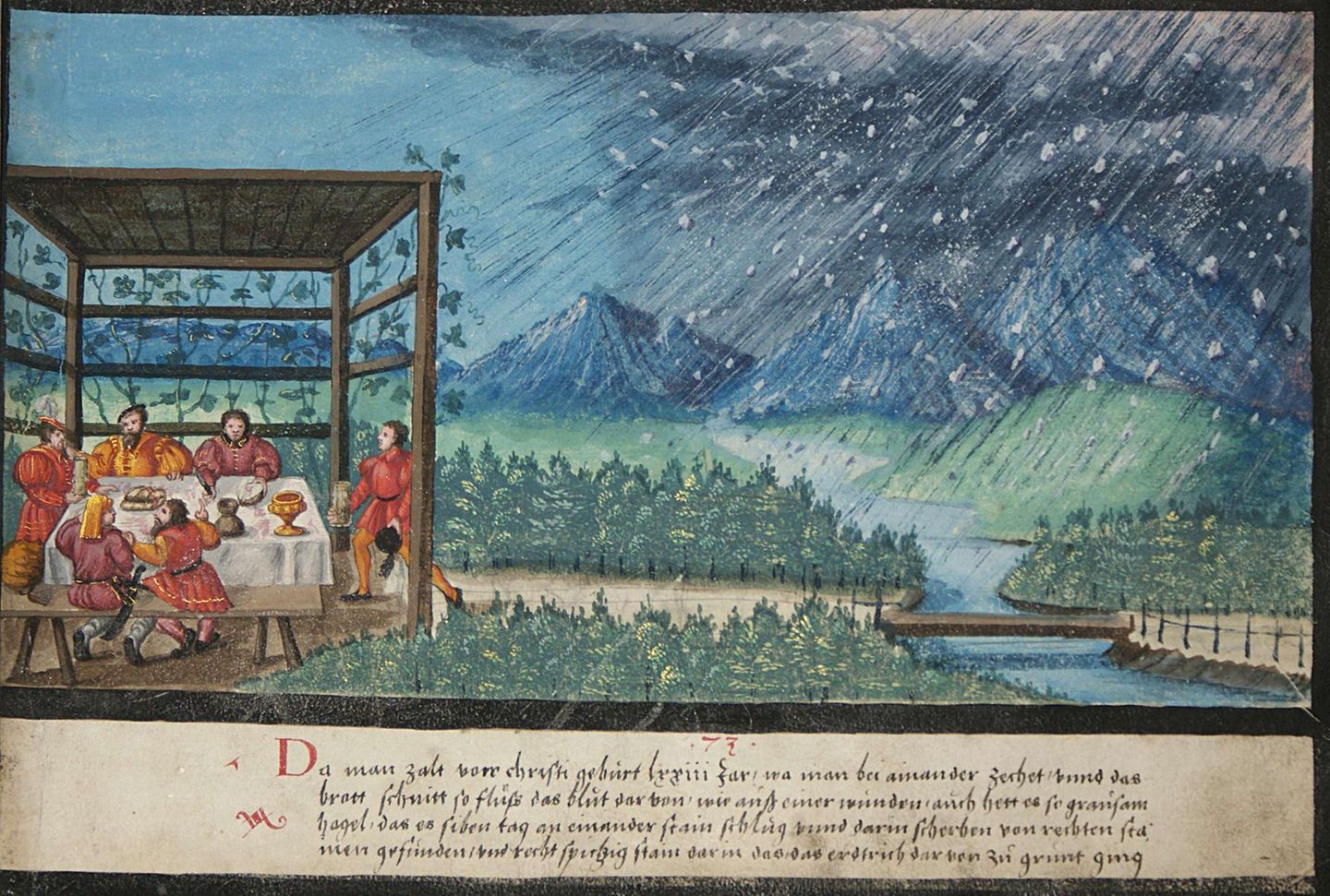Blutendes Brot und Hagel Hagel wütet über Landschaft