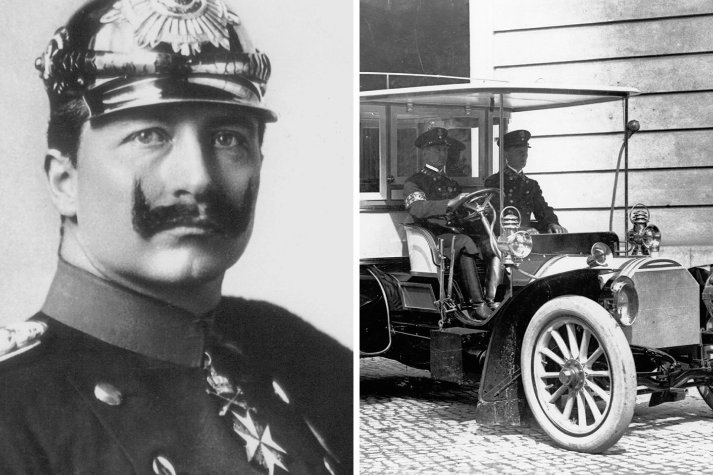 Zwei kombinierte Bilder: links Kaiser Wilhelm II. mit Pickelhaube, rechts eines seiner Autos mit Fahrer und Beisitzer Zwei kombinierte Bilder: links Kaiser Wilhelm II. mit Pickelhaube, rechts eines seiner Autos mit Fahrer und Beisitzer