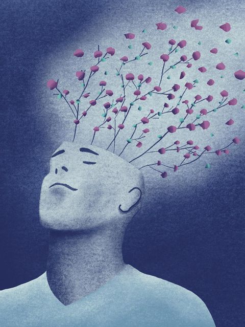 Illustration eines Kopfes, aus dem Äste mit pinken Blättern wachsen