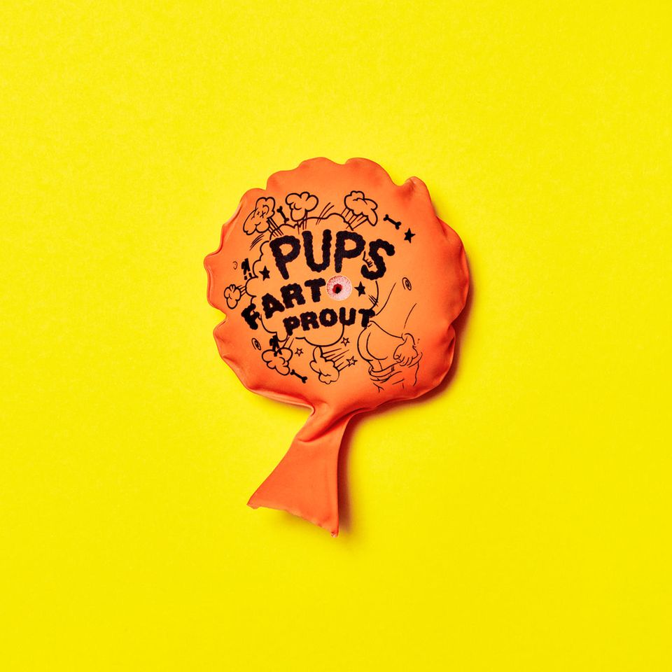Ein Pups-Kissen auf gelbem Untergrund