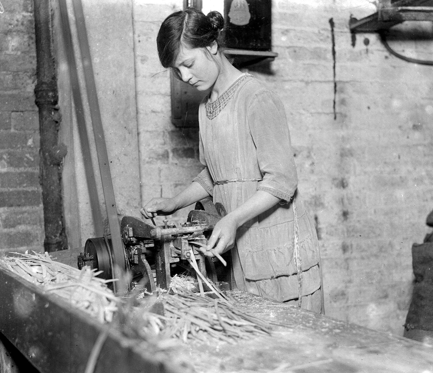 Her mit den Walbarten! Die Fischbeinreißerin Frau fädelt Walbarten in Schneidemaschine