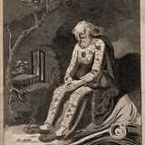 Verkleideter Einsiedler sitzt in Landschaft