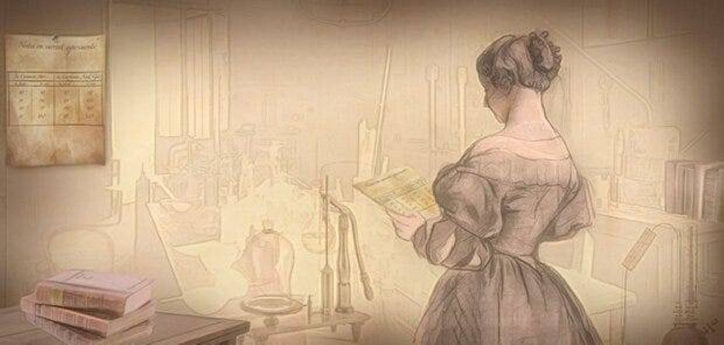 Pastellfarbene Zeichnung: Frauenfigur studiert schriftliche Aufzeichnungen vor Experiment-Aufbau.