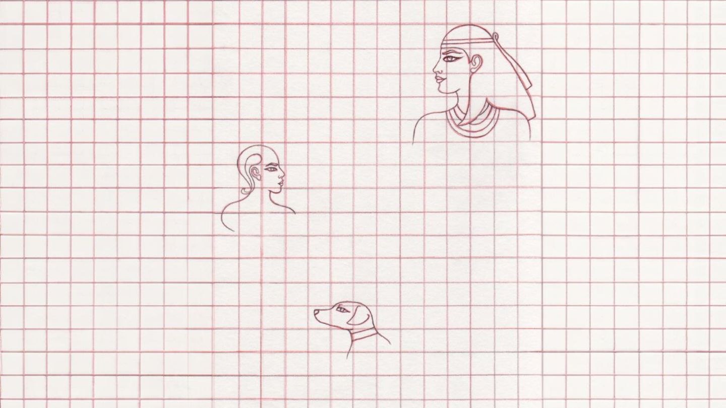 1. SCHRITT: Bei jedem Bild legen die Künstlerinnen und Künstler als Erstes den Rotstift an. Tatsächlich ist damals Rot die normale Skizzenfarbe. Mit Schwarz korrigiert erst die Meisterin oder der Meister die Vorzeichnung. Die ersten Striche sehen dabei immer gleich aus: Die Zeichnerinnen und Zeichner werfen Linien auf die Wand, aus denen sich ein Raster ergibt - das sogenannte Register. Wie das karierte Papier in Schulheften sorgt es dafür, dass die Figuren ordentlich und in der richtigen Größe skizziert werden können. Die Größe jedes Körperteils ist durch das Register festgelegt. Die erwachsene Hauptfigur eines Bildes misst von der Fußsohle bis zum Scheitel genau 18 Kästchen. Streng geregelt ist aber nicht nur die Aufteilung der Fläche, sondern auch die Darstellung der Körper. Die alten Ägypterinnen und Ägypter zeigen Menschen nicht von vorn oder von der Seite, sondern vermischen die Perspektiven: Auge und Augenbraue malen sie von vorn, den Rest des Kopfes von der Seite. Eine weitere Regel lautet: Jede und jeder ist schön – zumindest auf dem Gemälde. Auch ein 80-jähriger Pharao wird als Jüngling präsentiert. Kinder erkennt man an ihrer geringeren Größe und dem rasierten Kopf, den eine einzige Locke ziert. An der Körpergröße der Personen kann man zudem deren Wichtigkeit ablesen: Die Pharaoninnen und Pharaonen sind die größten! Sie überragen zumeist selbst sitzend ihre Untergebenen. 