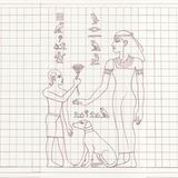 2. SCHRITT: Von der Seite zeigen die Ägypterinnen und Ägypter nicht nur den Kopf, sondern einen Großteil der Figur. Einzig Schultern und Oberkörper wenden sie den betrachtenden Personen zu. Für stehende gilt eine weitere Regel: die Schrittstellung – ein Fuß steht immer vor dem anderen. Die Ähnlichkeit mit den tatsächlich abgebildeten Personen vernachlässigen die Künstlerinnen und Künstlerdabei meist. Gemälde dienen vor allem dazu, Geschichten zu erzählen. In deren Verlauf werden die Heldentaten der herrschenden Personen und die Mythen um die Götter geschildert. Solch ein Werk zu vollenden dauert lange. Deshalb arbeiten die handwerklich Tätigen und die Künstlerinnen und Künstler an verschiedenen Stellen zugleich. Vorn mag die malende Person bereits Farbe auftragen, während weiter hinten die gipsende Person noch Material anrührt, um die Wandfläche zu glätten. Einige arbeiten sogar auf einem Gerüst, um die Köpfe der Figuren zu erreichen. Viele der Darstellungen sind zudem nicht einfach nur gemalt, sondern die Figuren treten als Relief ein Stück aus der Wand hervor. Diese Arbeit übernehmen die Steinbearbeitenden, nachdem die Umrisse gezeichnet worden sind. Damit die Bilder schließlich besser gedeutet werden können, ergänzen die Ägypterinnen und Ägypter sie mit Hieroglyphen. In unserer Zeichnung steht über dem Kopf der jungen Person der Name „Paul“, rechts daneben „Verena“ und über dem Hund „Lola“.