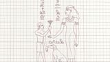 2. SCHRITT: Von der Seite zeigen die Ägypterinnen und Ägypter nicht nur den Kopf, sondern einen Großteil der Figur. Einzig Schultern und Oberkörper wenden sie den betrachtenden Personen zu. Für stehende gilt eine weitere Regel: die Schrittstellung – ein Fuß steht immer vor dem anderen. Die Ähnlichkeit mit den tatsächlich abgebildeten Personen vernachlässigen die Künstlerinnen und Künstlerdabei meist. Gemälde dienen vor allem dazu, Geschichten zu erzählen. In deren Verlauf werden die Heldentaten der herrschenden Personen und die Mythen um die Götter geschildert. Solch ein Werk zu vollenden dauert lange. Deshalb arbeiten die handwerklich Tätigen und die Künstlerinnen und Künstler an verschiedenen Stellen zugleich. Vorn mag die malende Person bereits Farbe auftragen, während weiter hinten die gipsende Person noch Material anrührt, um die Wandfläche zu glätten. Einige arbeiten sogar auf einem Gerüst, um die Köpfe der Figuren zu erreichen. Viele der Darstellungen sind zudem nicht einfach nur gemalt, sondern die Figuren treten als Relief ein Stück aus der Wand hervor. Diese Arbeit übernehmen die Steinbearbeitenden, nachdem die Umrisse gezeichnet worden sind. Damit die Bilder schließlich besser gedeutet werden können, ergänzen die Ägypterinnen und Ägypter sie mit Hieroglyphen. In unserer Zeichnung steht über dem Kopf der jungen Person der Name „Paul“, rechts daneben „Verena“ und über dem Hund „Lola“.