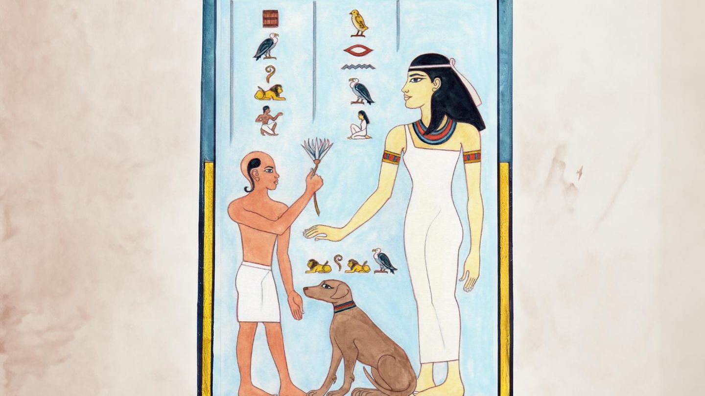 3. SCHRITT: Den richtigen Ton treffen Nicht einmal den Farbton dürfen die Malerinnen und Maler selbst wählen. Rostrote Haut zeichnet Männer und Jungen aus, Frauen dagegen strahlen stets hellgelb. Schließlich arbeiten die Frauen nicht draußen auf dem Feld, wo die Sonne sie bräunen kann. Die Hautfarbe zeigt zudem die Herkunft an. Nubierinnen und Nubier aus dem Süden etwa werden schwarz oder dunkelbraun, Syrerinnen und Syrer aus dem Norden gelb gemalt. Tierzeichnungen färbt man dagegen ihrem tatsächlichen Vorbild entsprechend, daher ist Lola hier schlicht braun. Jede Farbe hat eine eigene Bedeutung. Mit „hedj“ und „kek“ bezeichnen die Ägypterinnen und Ägypter hell und dunkel. Doch „hedj“ ist mehr als nur hellgelb wie das Sonnenlicht, sondern auch alles, was glänzt. Frauen malt man also nicht nur gelb, weil sie tatsächlich hellere Haut haben, sondern auch, um ihre Schönheit zu preisen. „Kek“ bedeutet das Gegenteil, nämlich so viel wie Finsternis und Angst. Wie in einem Malbuch füllen die Ägypterinnen und Ägypter ganze Flächen mit demselben Farbton aus, ohne Abstufungen. So etwa auch die Haare, die dadurch unnatürlich glatt wirken. Sie werden im Übrigen fast immer schwarz gemalt. Allerdings nennt sich diese Farbe nicht „kek“, sondern „djab“, was so viel wie Kohlrabenschwarz bedeutet. Um die Farben herzustellen, müssen die Ägypterinnen und Ägypter manchmal weit reisen. Ein bestimmtes Mineral, aus dem sie einen Gelbton anmischen, nämlich Arsenblende, gibt es beispielsweise nur in Persien.