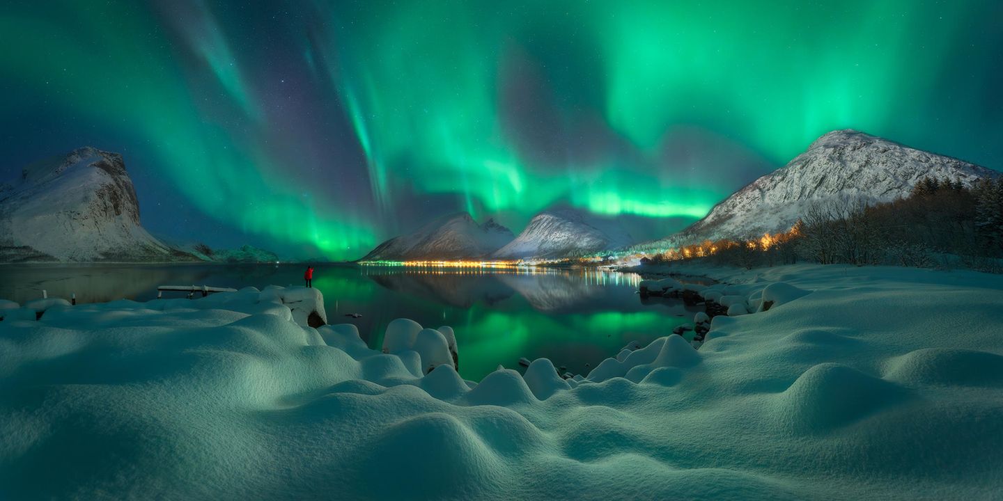 Green Storm  Geisterhaft-grünlich schimmernde Nordlichter streifen durch den Nachthimmel zwischen schneebedeckten Bergen und wilden Stränden in Norwegen. Nach sieben Tagen in der Kälte der vereisten Inseln nahe Tromsø, gelang dem Fotografen Diego Manrique diese beeindruckende Panoramaaufnahme einer Aurora borealis. Das Warten hat sich gelohnt: Für seine Aufnahme der Polarlichter erhielt er den ersten Preis in der Kategorie "Amateur Photograph des Jahres". 