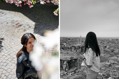 Sawsan Alomar in ihrem neuen Leben in Thübingen (links) und beim letzten Blick auf Shingal (rechts). Als sie 16 Jahre alt war, zerstörte der IS ihre Heimatstadt und nahm sie gefangen