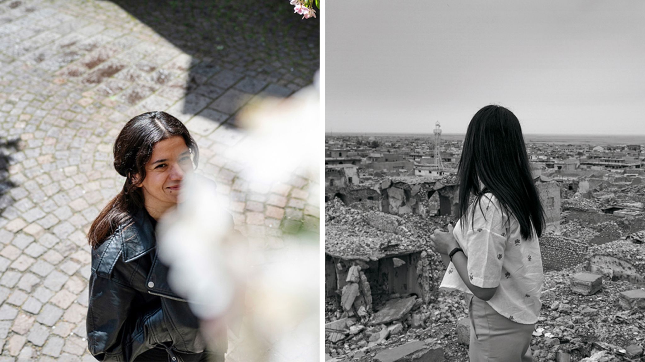 Sawsan Alomar in ihrem neuen Leben in Thübingen (links) und beim letzten Blick auf Shingal (rechts). Als sie 16 Jahre alt war, zerstörte der IS ihre Heimatstadt und nahm sie gefangen