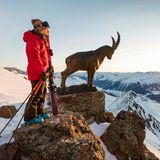 Mann neben Steinbock auf einem Berg