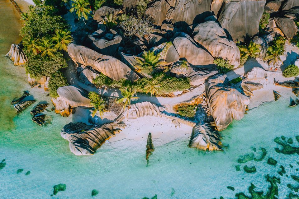 Luftaufnahme von Strand mit Palmen und Granitfelsen