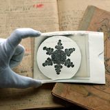 Ein Glasnegativ einer Kristallfotografie, gehalten von einer Hand mit Handschuh im Buffalo Museum of Science