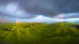 Weite grüne, hügelige Landschaft mit Wolken am Horizont