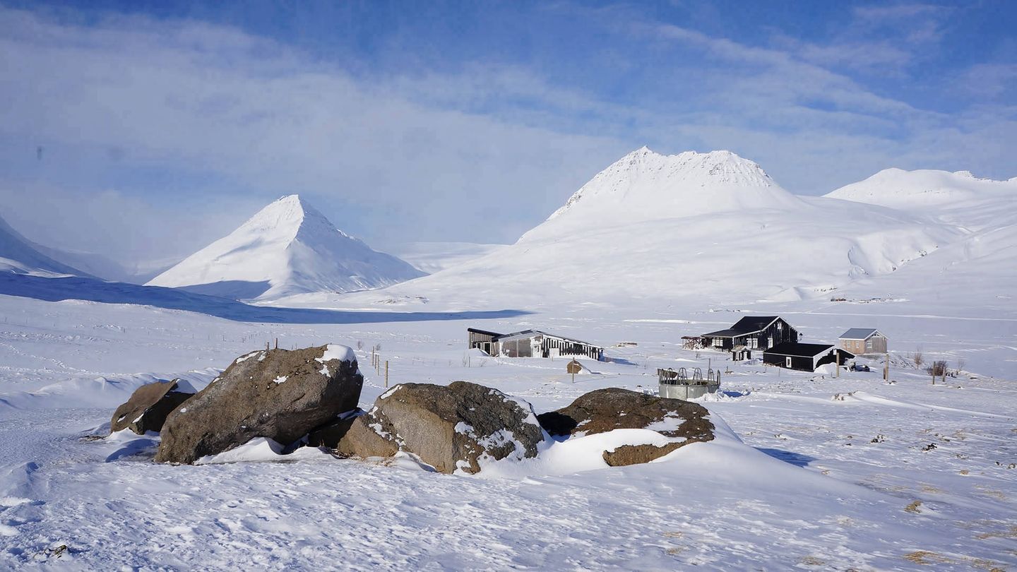 Häuser im Schnee vor Bergkulisse
