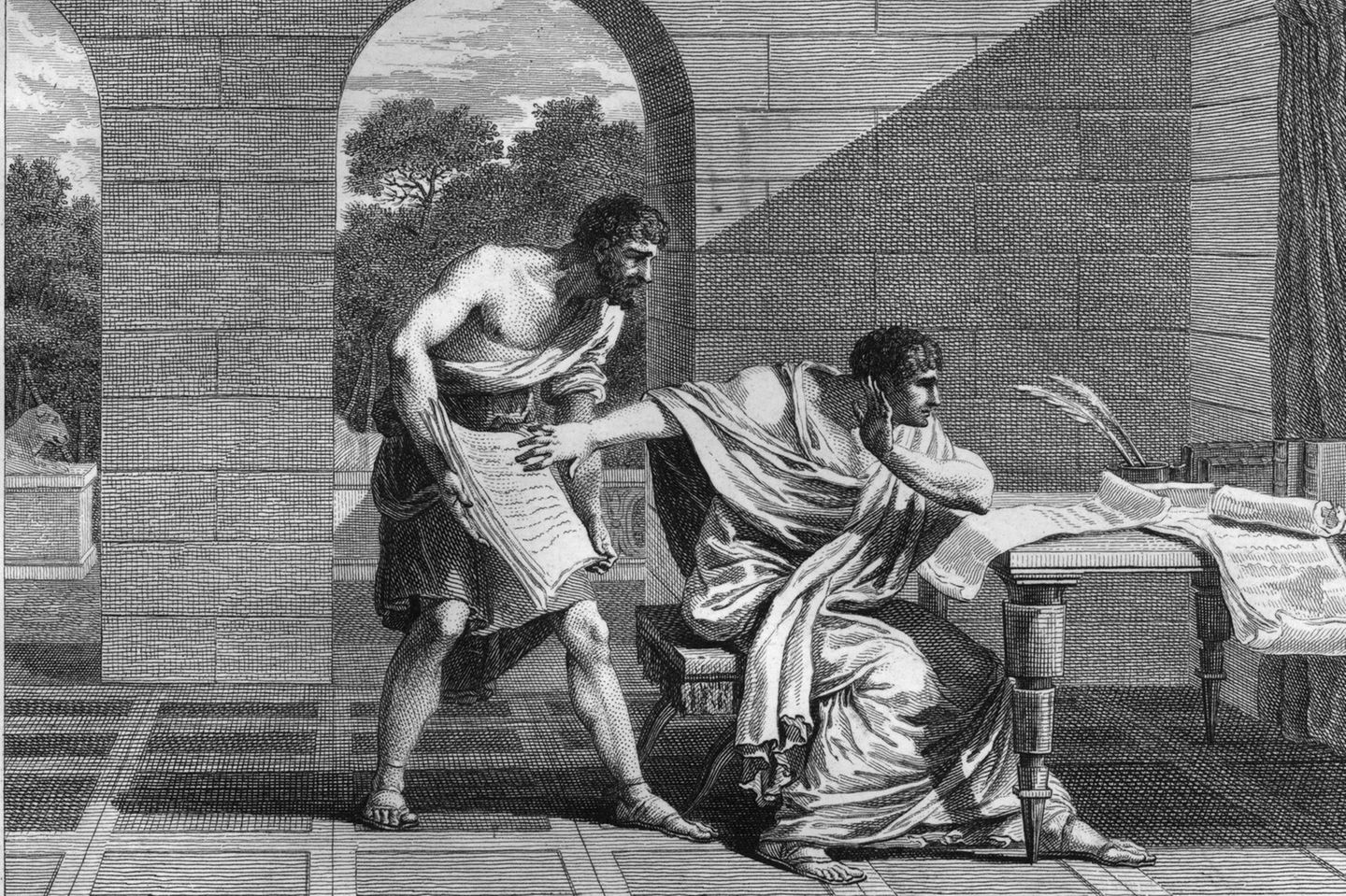Immobilienmagnat der Antike: Crassus Marcus Licinius Crassus sitzt an Gesetzestext
