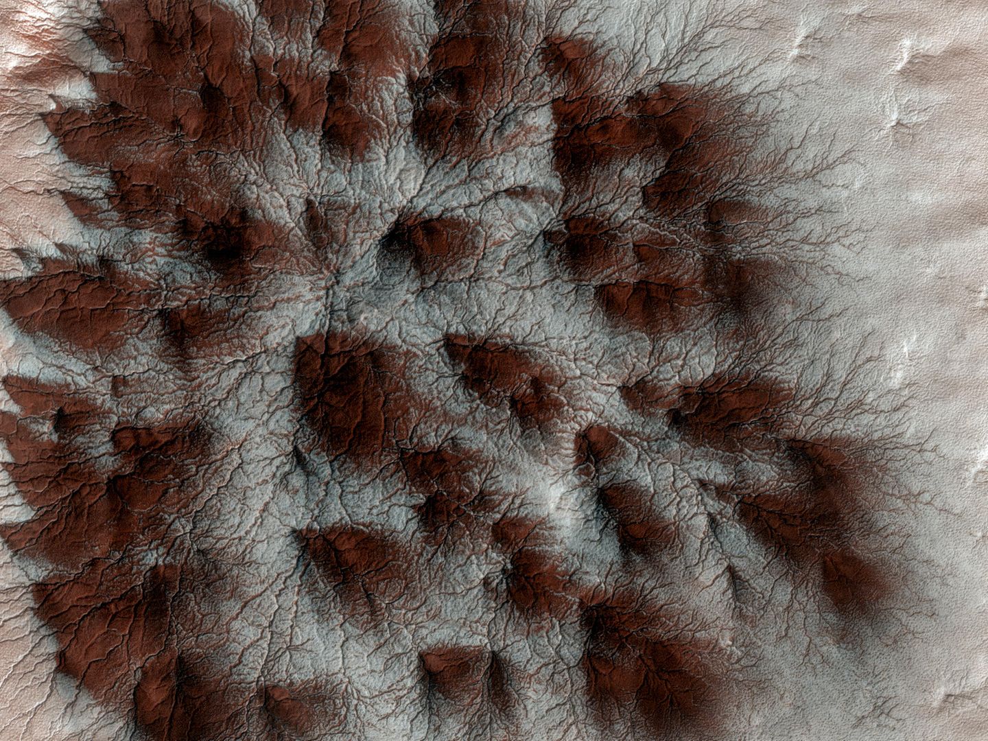 Wenn die jahreszeitlich bedingten Polkappen des Mars im Frühjahr abtauen, strömt unter Druck stehendes Gas unter das Eis, bis es durch Risse bricht und dunklen Sand mit sich führt. Die Sandablagerungen können netzartige Muster bilden, "Spinnen" genannt. Sie verschwinden, wenn sich der letzte Frost in die Atmosphäre aufgelöst hat.