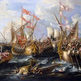 In einer Seeschlacht sind mehrere Schiffe ineinander verkeilt