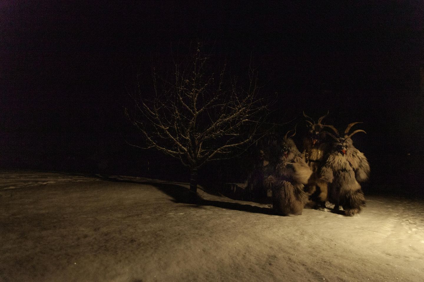 Florian Bachmeier hat alte Winterbräuche im Salzburger Land fotografisch dokumentiert. Hier ein Winterritual im österreichischen Rauris: Die "Rauriser Teufel" verbergen das Gesicht hinter geschnitzten Holzmasken mit roter, weißer und schwarzer Farbe. Aus dem Maul hängt ihnen eine rote Stoffzunge, auf dem Haupt stechen Ziegenbock- oder Widderhörner wie echte Hörner in den Nachthimmel. Die archaisch anmutenden Teufel ziehen gekleidet in zotteligen Schafsfellgewändern und mit Rute in der Hand durch das verschneite Tal. Schellen und Glocken klingen laut durch die Nacht. Sie sind noch in der Ferne zu hören. Die Rauriser "Toifli" sollen das Böse vertreiben. © Foto: Florian Bachmeier