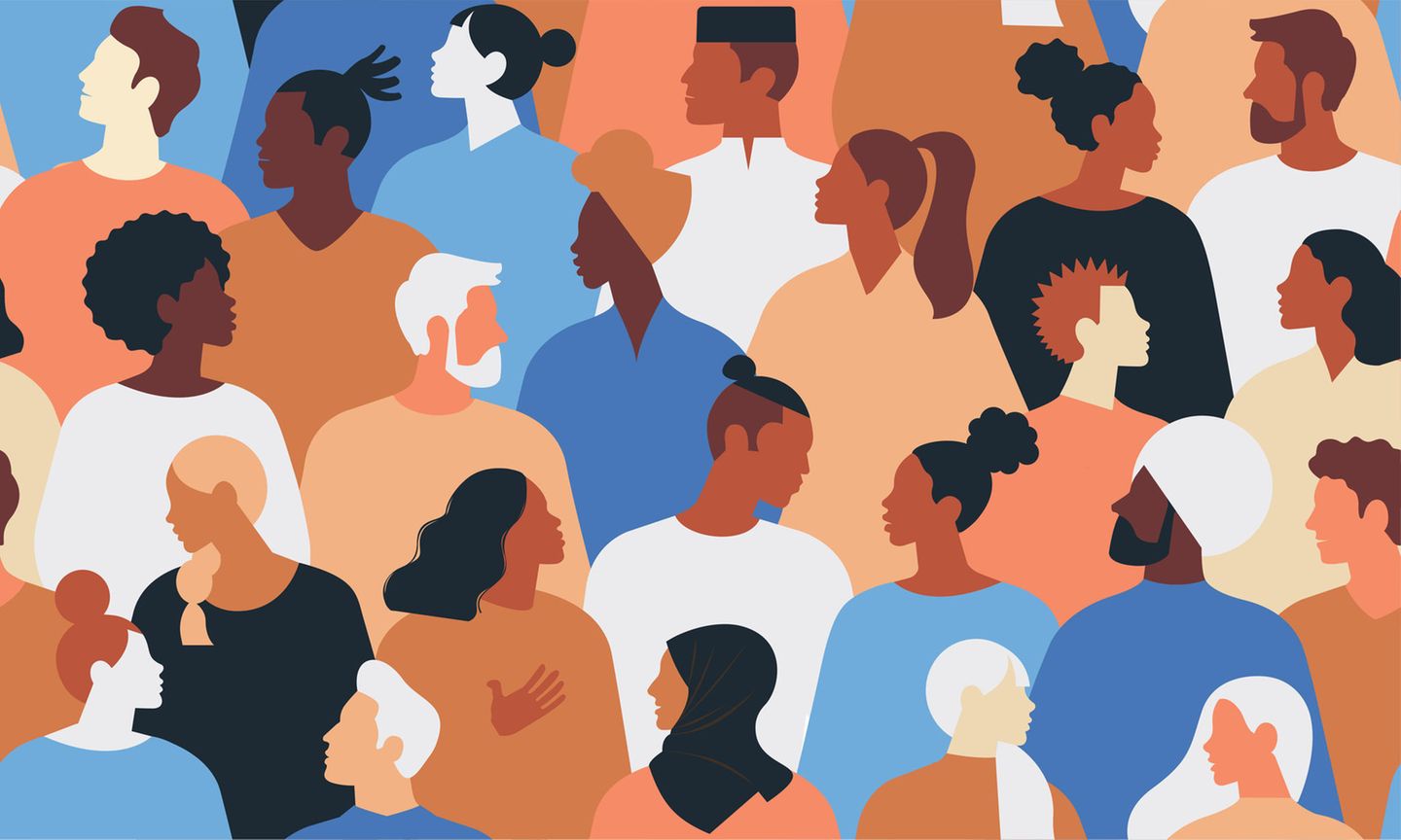 Illustration einer Menschengruppe die aus verschiedenen Ethnien besteht