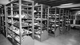Unzählige Schuhe stehen in mehreren Holzregalen