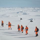 Eine weite Eislandschaft mit Horizont. Sieben Forscher in orangefarbenen Overalls laufen hintereinander.