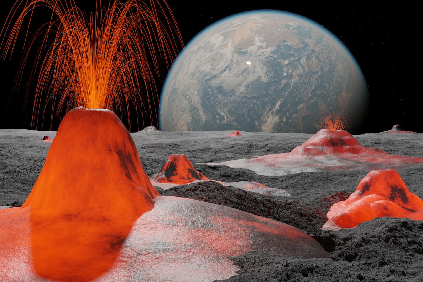 Vulkane auf dem Mond, Erde im Hintergrund