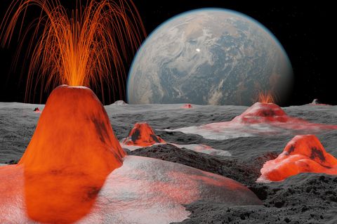 Vulkane auf dem Mond, Erde im Hintergrund