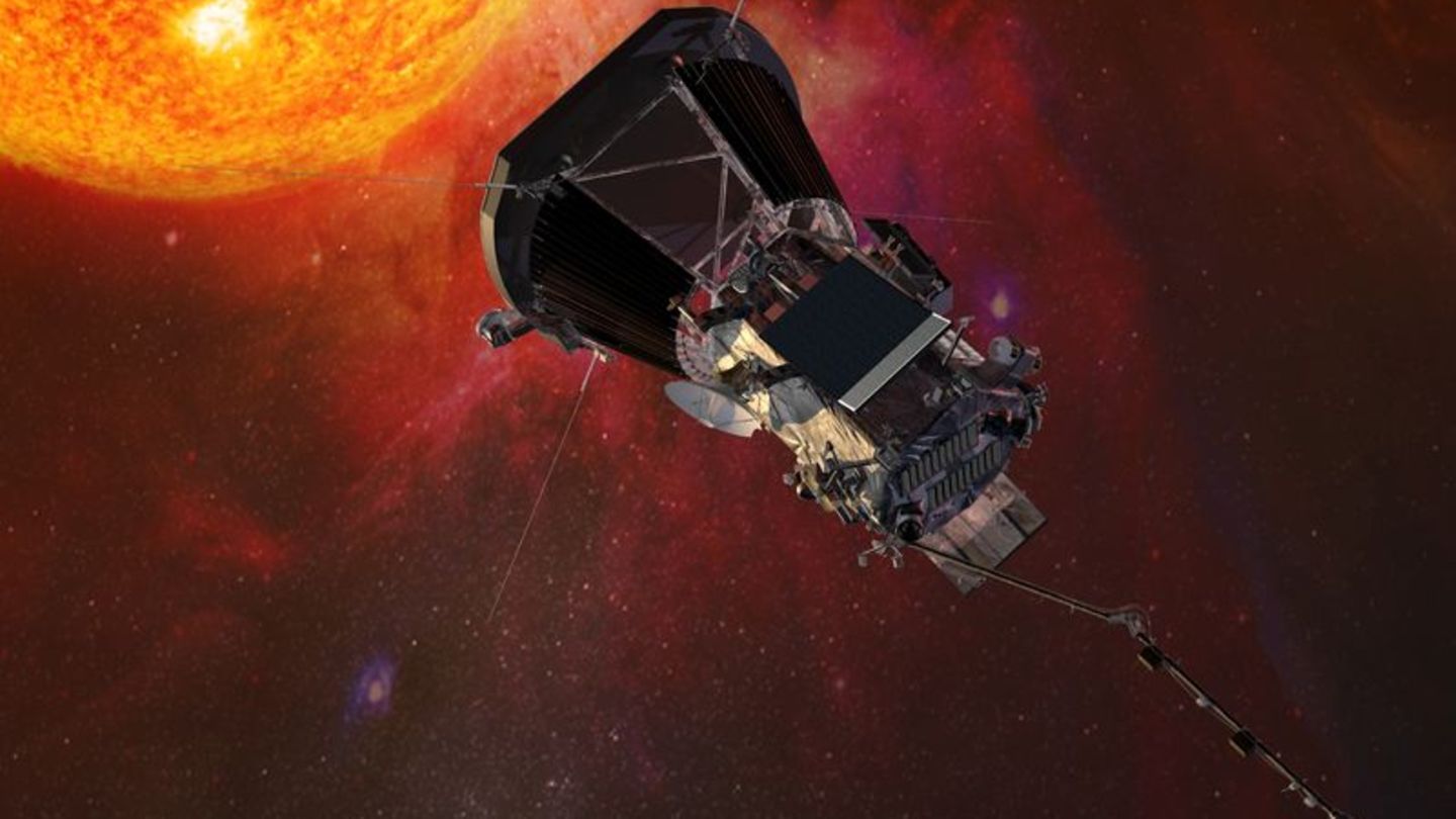 Die Computergrafik zeigt die "Parker Solar Probe"-Sonde der US-Raumfahrtbehörde Nasa auf dem Weg zur Sonne. Foto: Johns Hopkins