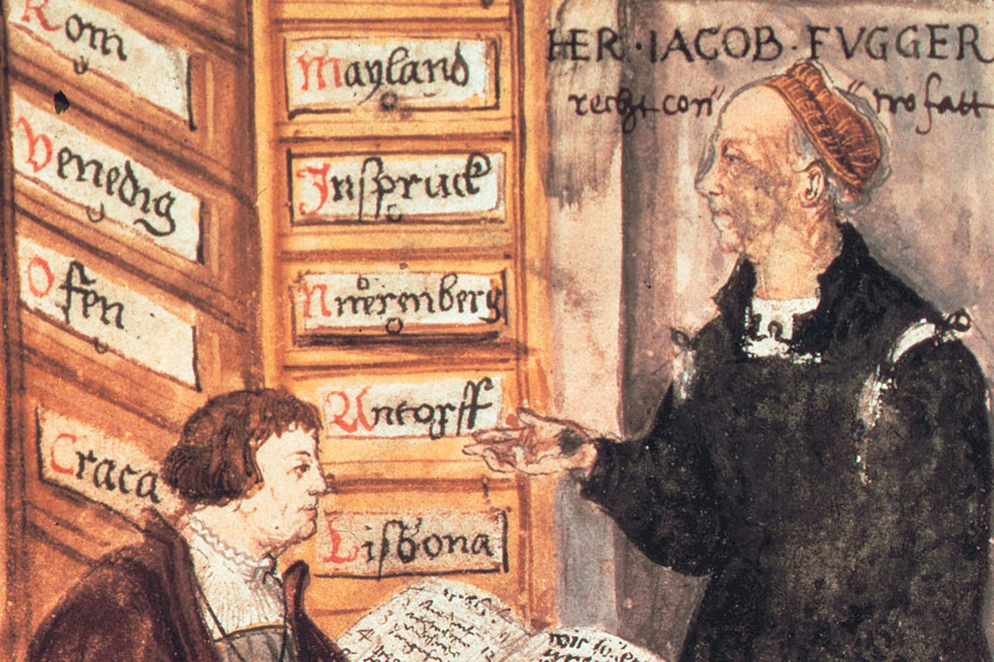 Jakob Fugger steht vor seinem Buchhalter