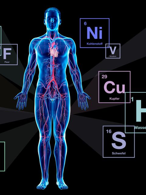 Menschlicher Körper mit Elementsymbolen