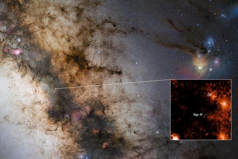 Forschende glaubten erst an einen Fehler: Der Doppelstern D9 umkreist das Schwarze Loch ("Sagittarius A*") im Zentrum unserer Galaxie. Trotz der starken Anziehungskraft ist das Sternenpaar bislang stabil